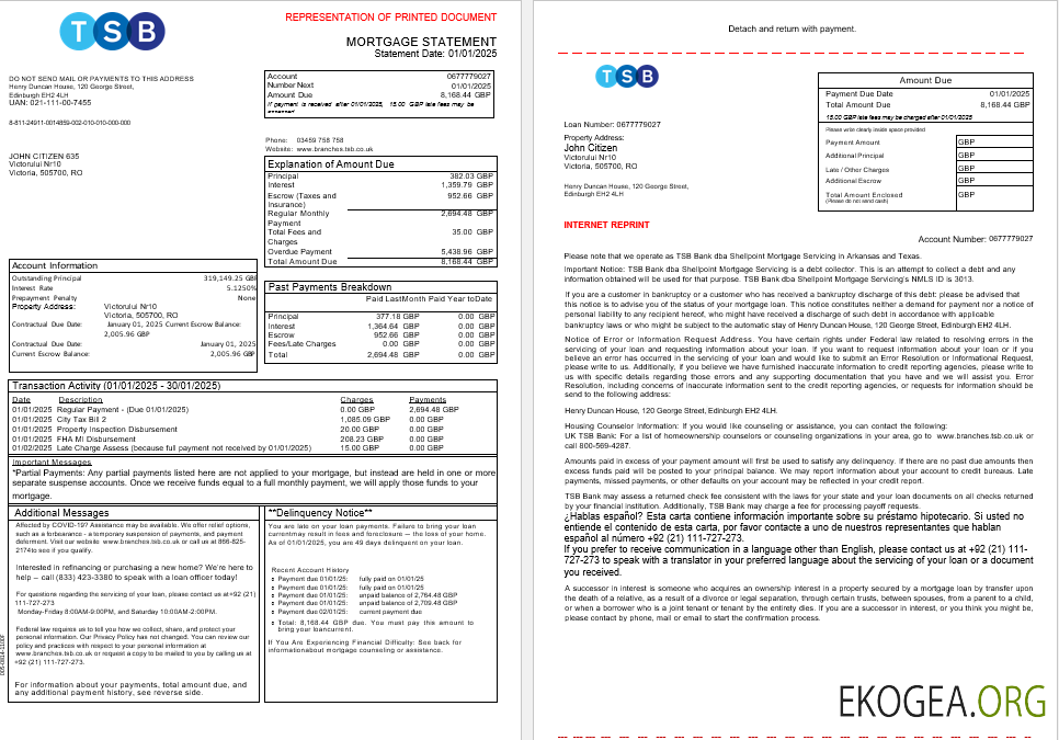 Relevé hypothécaire de la UK TSB Bank aux formats Word et PDF, 3 pages 1 , 2